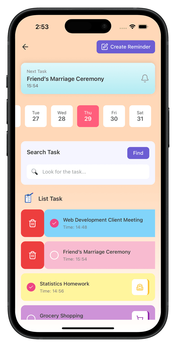 Remindo App Deleting Tasks - Simple Deletion